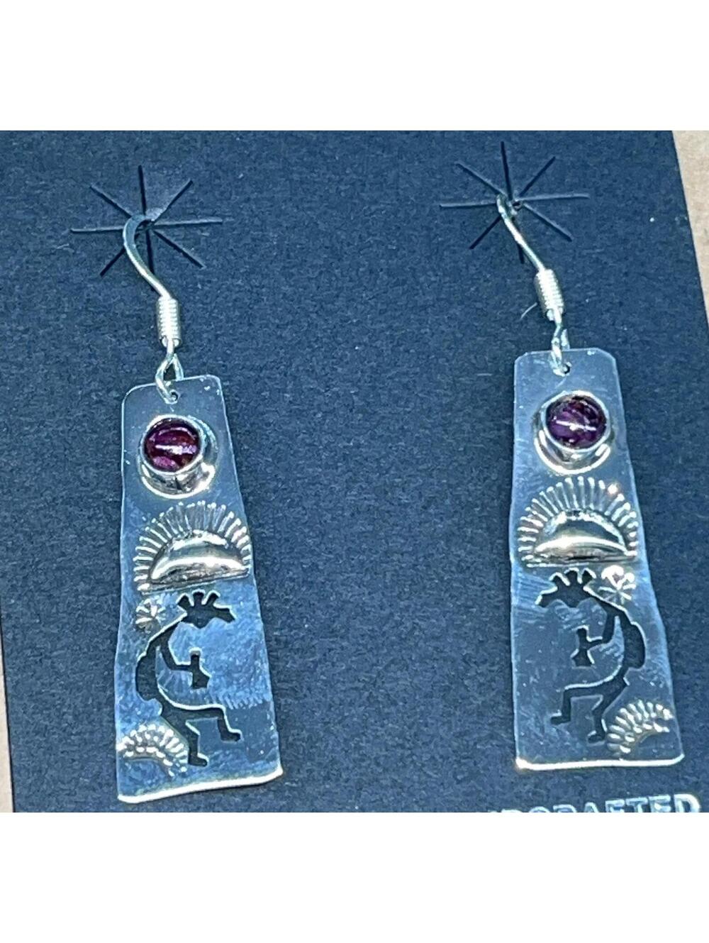 Navajo sterling silver purple spiny oyster kokopelli cluster earrings -Justin